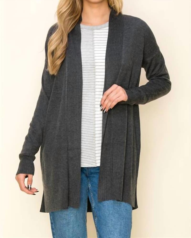 Front of a model wearing a size LARGE Open Cardigan in Charcoal in Charcoal by STACCATO. | dia_product_style_image_id:343732